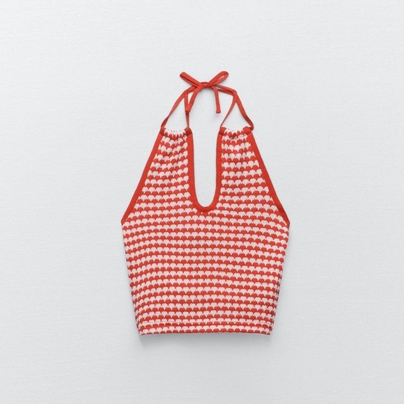 Zara Crochet Knit Red & White Cut Out Halter Keyhole Crop Top NWOT - Picture 7 of 9